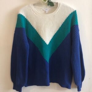 NEW Time and True Women's shaker pullover chevron sweater Blue/White/Aquasize XL